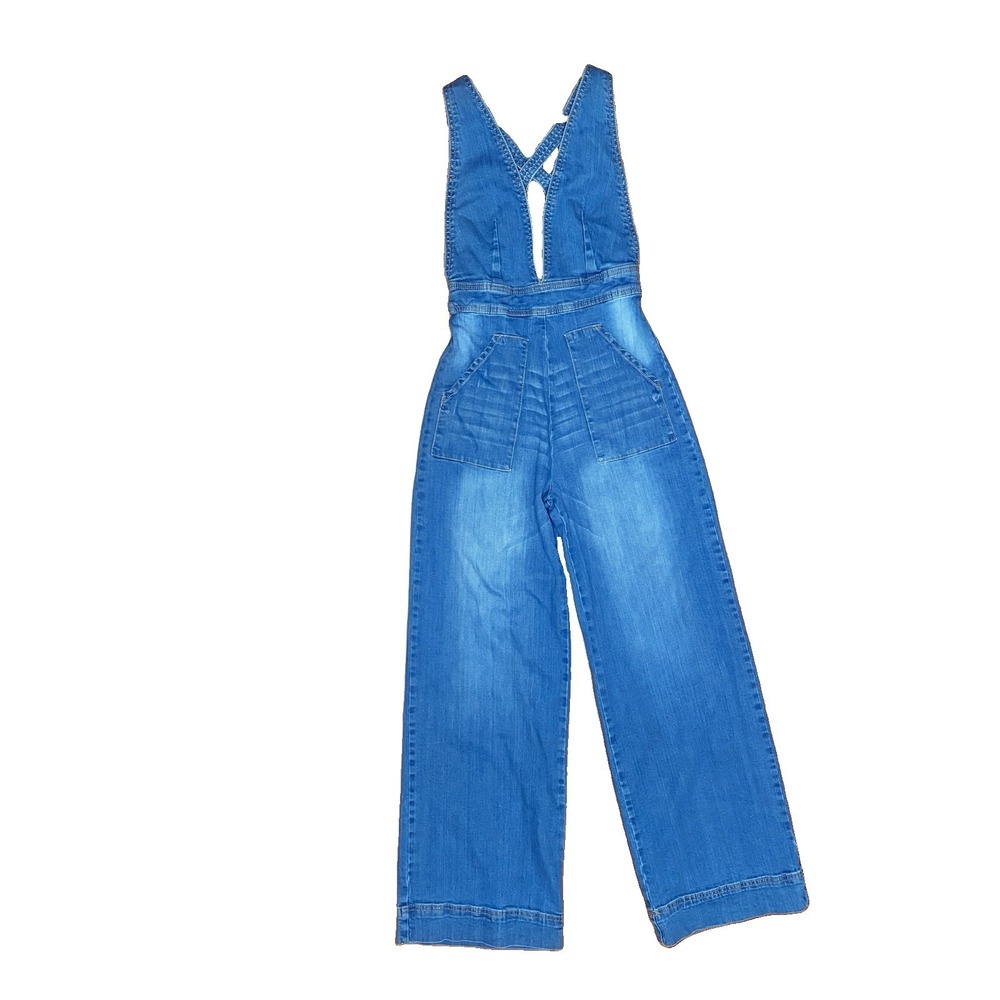 Dollhouse Women's Blue Denim Jumpsuit 5 Wide Leg Plunge Halter Boho Y2K  Retro
